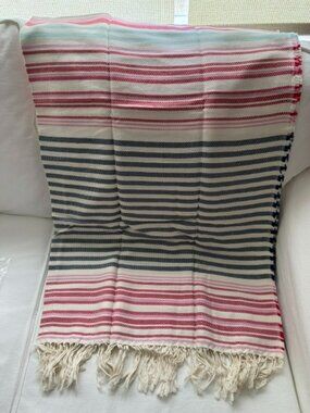NWT J Jill Tasseled Woven Oversized Scarf - Cream/Geranium Multi-Stripe